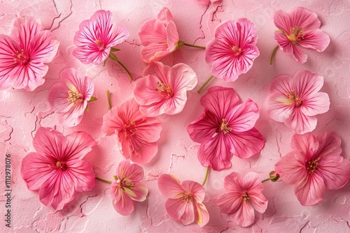 A cluster of pink flowers sits on a pink background, perfect for designs needing a pop of color