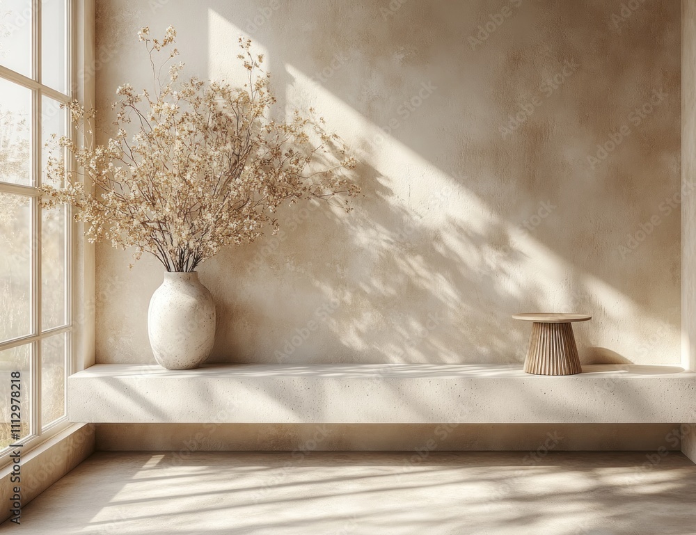 Sunlit minimalist room with beige wall, window, vase of dried flowers, and wooden stool on a ledge. Sunlit minimalist room with beige wall, window, vase of dried flowers, and wooden stool on a ledge.