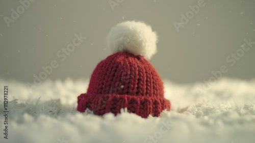 A warm and cozy red knitted hat sits atop a pile of snow, perfect for winter scenes or festive decorations photo