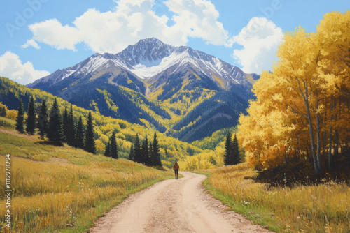 A man is walking down a dirt road in the mountains