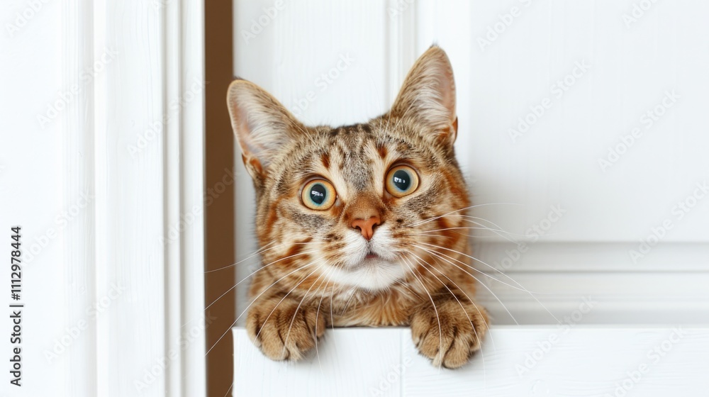 A curious cat looks out from behind a door, its bright blue eyes visible A curious cat looks out from behind a door, its bright blue eyes visible