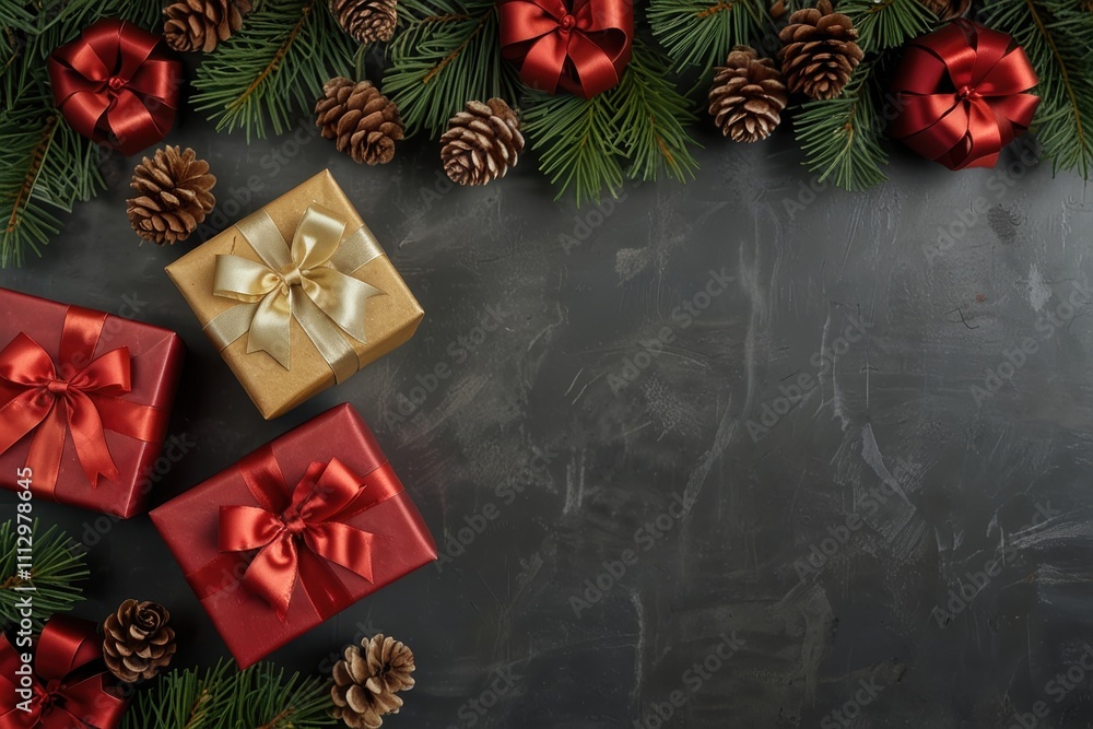 Christmas red gift boxes, fir tree branches and pine cones, Christmas background Christmas red gift boxes, fir tree branches and pine cones, Christmas background