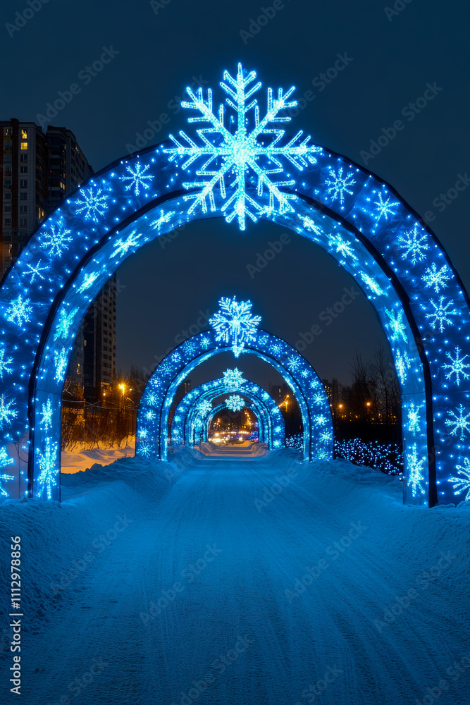 Fototapeta premium Colorful blue snowflake light displays form arches above a snowy pathway, creating a festive atmosphere in a bustling winter city at night