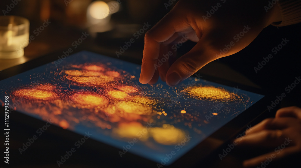 In a close-up, the personâs fingers trace over the screen of the tablet, interacting with a detailed neural network map, where clusters of data are highlighted and pulsating in vib In a close-up, the personâs fingers trace over the screen of the tablet, interacting with a detailed neural network map, where clusters of data are highlighted and pulsating in vib