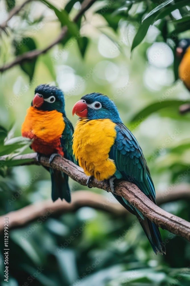 Two birds sitting on a tree branch with bright plumage Two birds sitting on a tree branch with bright plumage