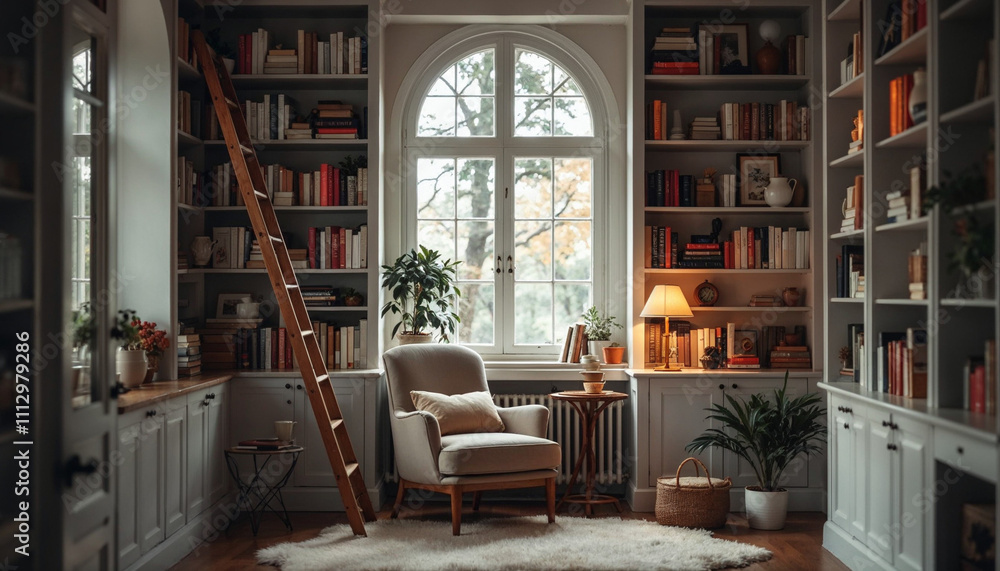 Cozy reading nook with bookshelves, natural light, and a comfy armchair. Cozy reading nook with bookshelves, natural light, and a comfy armchair.