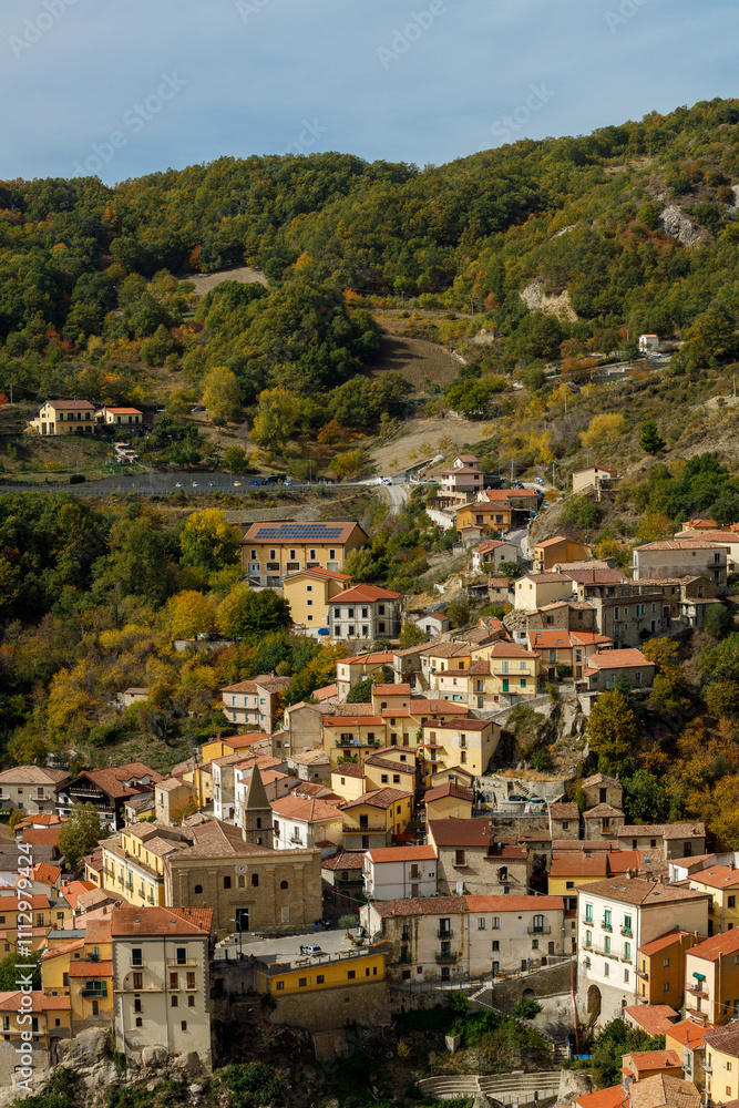 Fototapeta premium Beautiful landscape of Castelmezzano on the picturesque cliffs of the Apennines Dolomites Lucane, Basilicata, Italy
