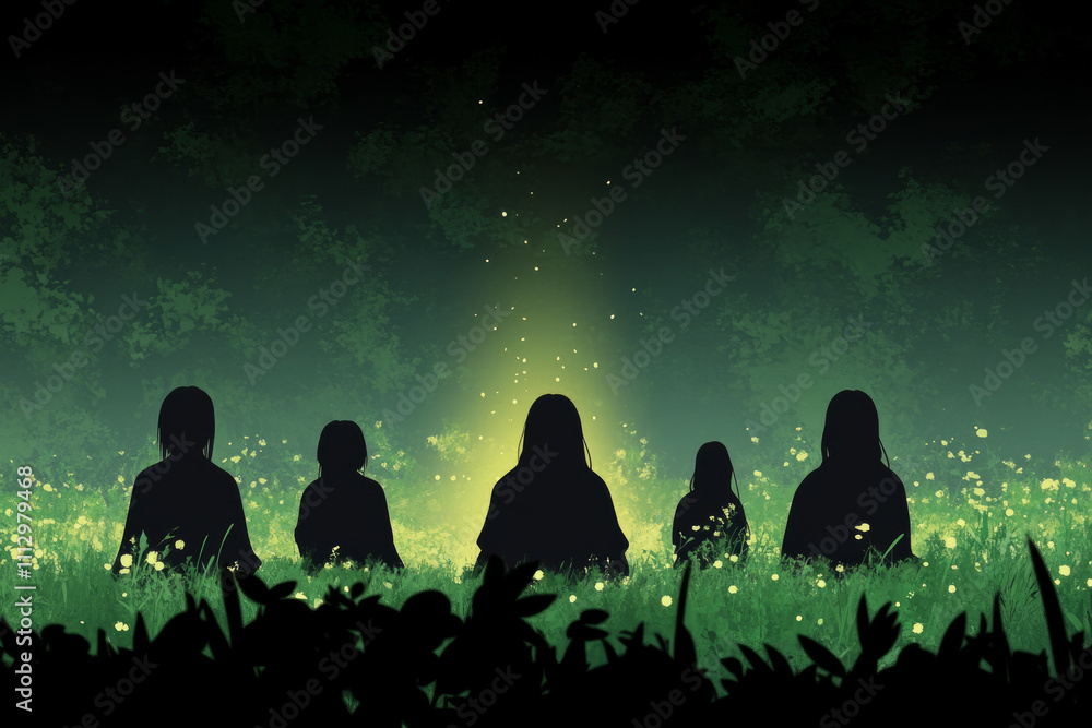Fototapeta premium A group of people are sitting in a field of grass