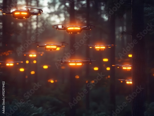 A swarm of small autonomous drones glowing as they map a forest, goldenhour cinematic lighting