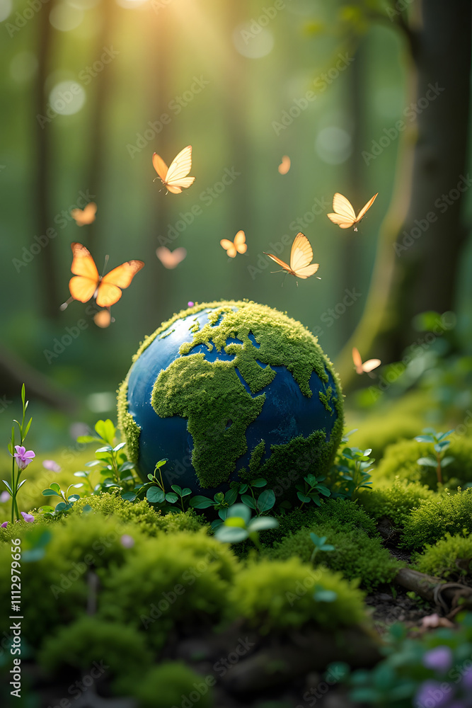 Butterflies surround moss-covered earth globe in sunlit forest Butterflies surround moss-covered earth globe in sunlit forest
