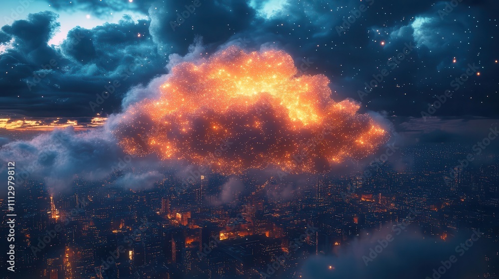 A symbolic cloud made of glowing particles floating above a futuristic cityscape, soft shadows, and cinematic depth A symbolic cloud made of glowing particles floating above a futuristic cityscape, soft shadows, and cinematic depth