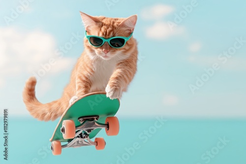 Fototapeta Naklejka Na Ścianę i Meble -  Playful ginger cat wearing sunglasses, performing a skateboarding stunt in mid-air against a clear blue sky. Vibrant and fun animal concept.