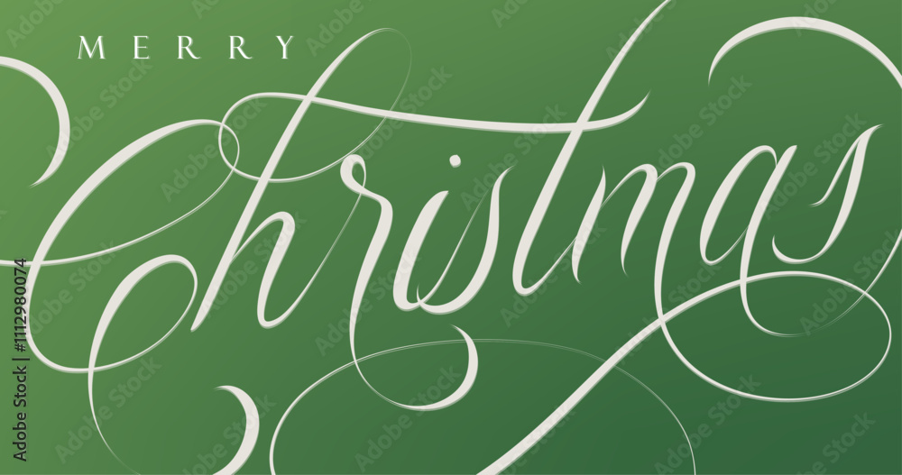 Merry Christmas handwritten calligraphic lettering with floral arrangement drawing on green color background