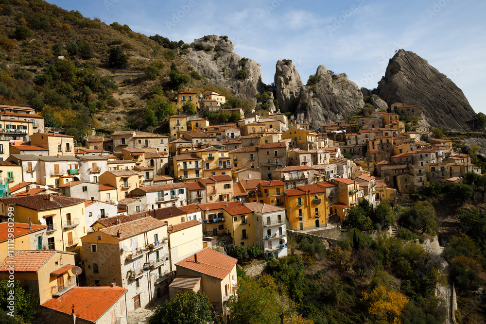 Fototapeta premium The picturesque village of Castelmezzano on the scenic rocks of the of the Apennines Dolomiti Lucane, Basilicata, Italy