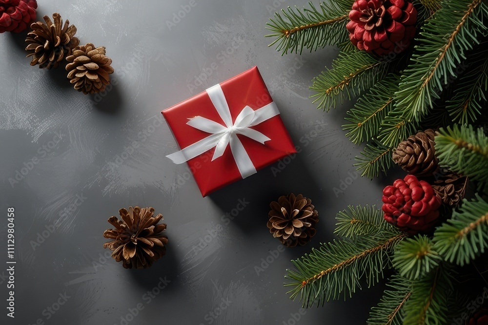 Christmas red gift boxes, fir tree branches and pine cones, Christmas background Christmas red gift boxes, fir tree branches and pine cones, Christmas background