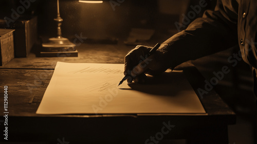 The angle is positioned just to the right of the signerâs hand, capturing the moment the pen first touches the paper, with the personâs focused face slightly visible in the blurred photo