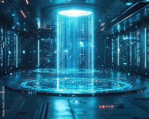 A symbolic glowing data lake visualized as a futuristic hologram in a modern tech lab, filmlike depth photo