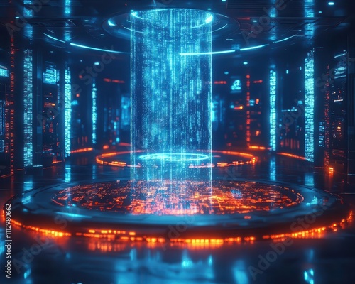 A symbolic glowing data lake visualized as a futuristic hologram in a modern tech lab, filmlike depth photo