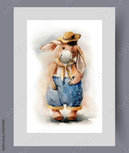 Cute plush donkey from toy and doll store, wearing shorts and tie on wall art. Watercolor artwork. Print with toy in shape of donkey to develop child love for animals, in frame with decor for poster
