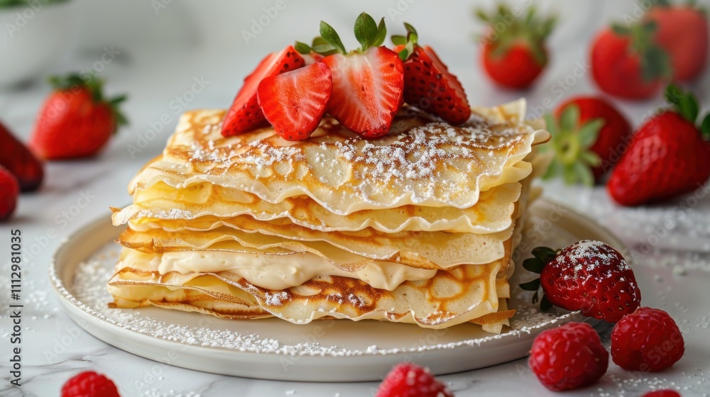 Artful crepes brimming with whipped ricotta, served with ripe strawberries on a luxurious marble countertop Artful crepes brimming with whipped ricotta, served with ripe strawberries on a luxurious marble countertop