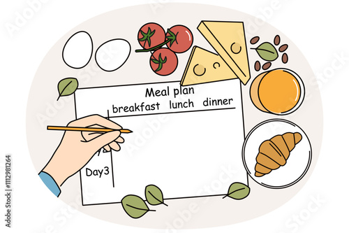 Meal plan on table of nutritionist near ingredients for preparing beneficial food and person hand with pencil. Human prepares meal plan for weight loss or low-calorie diet with healthy effect