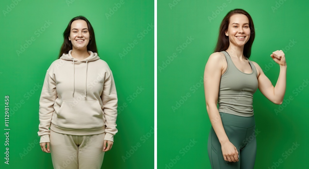 Transformation journey of caucasian woman from casual to fitness in front of green background