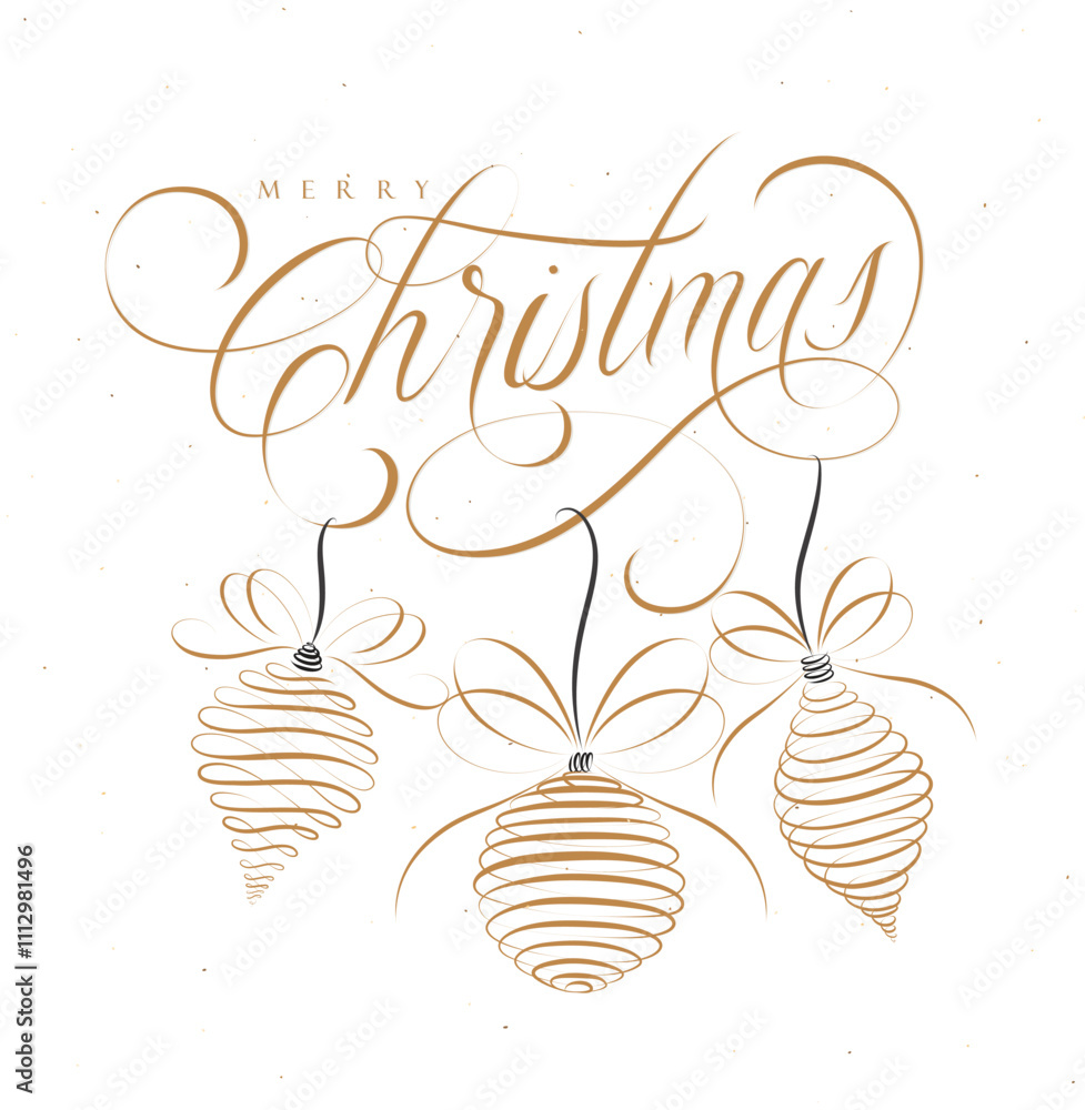 Merry Christmas lettering poster drawing with three tree toys on beige background.