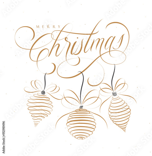 Obraz na płótnie Merry Christmas lettering poster drawing with three tree toys on beige background. w salonie