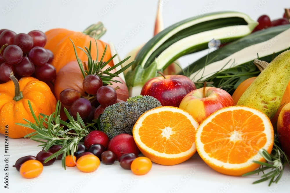 Colorful arrangement of fresh fruits and vegetables on a table Colorful arrangement of fresh fruits and vegetables on a table