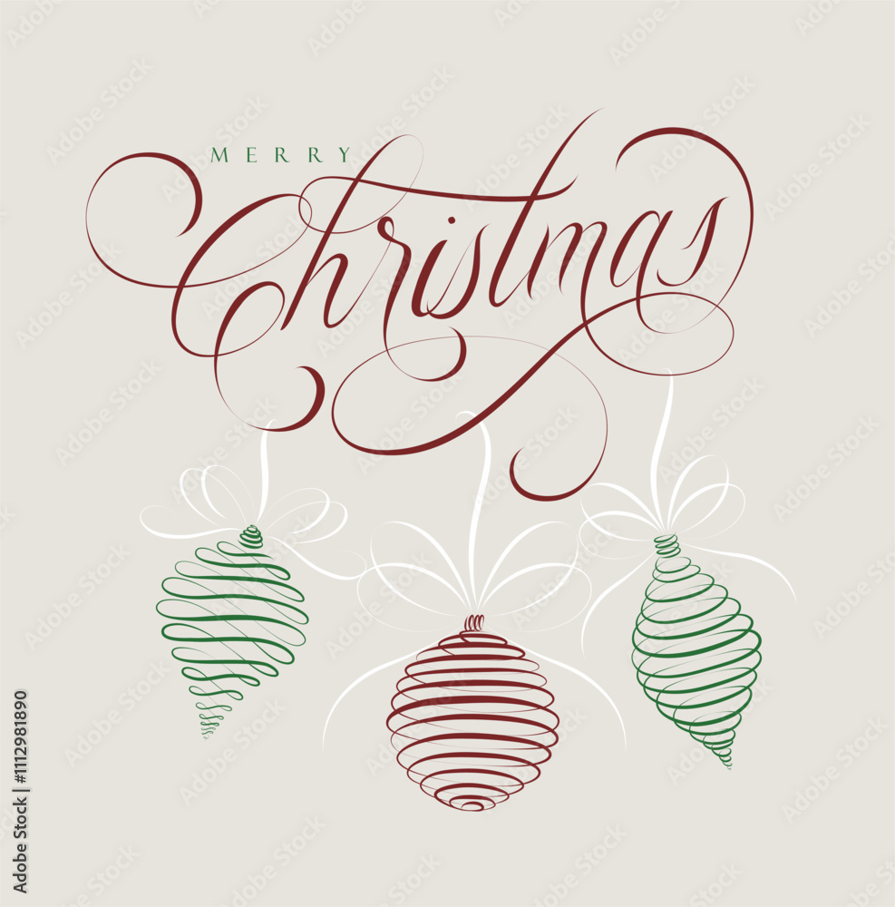 Merry Christmas lettering poster drawing three tree toys with color on beige background.
