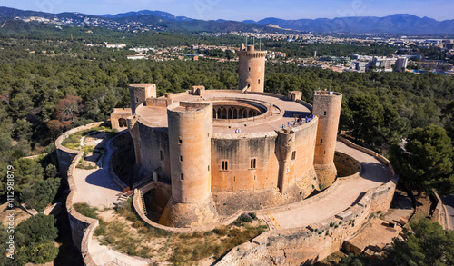 Konstfotografi Rare circular Gothic castle: Aerial view of Bellver Castle (Castell de Bellver) overlooking Palma de Mallorca, Balearic Islands, Spain