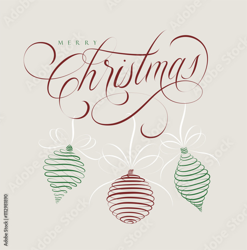 Merry Christmas lettering poster drawing three tree toys with color on beige background.