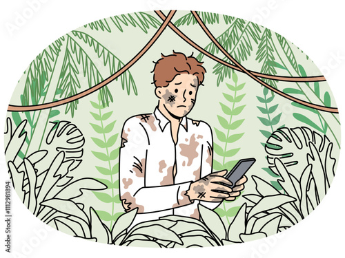 Dirty lost man office employee holding mobile phone and standing in jungle trying to send sos signal. Lost businessman suffers due to lack of GPS network in forest and feels helpless in wild