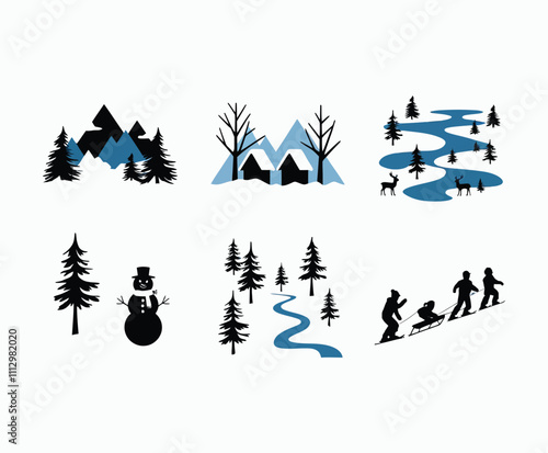 Forest Snow And Mountain Silhouette Design Collection