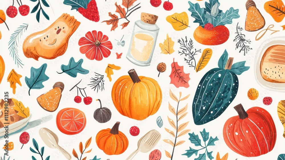 Autumn harvest pattern with pumpkins, leaves, and seasonal elements Autumn harvest pattern with pumpkins, leaves, and seasonal elements