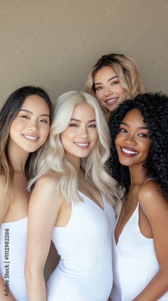 Obraz premium Group of four diverse women smiling brightly, showcasing friendship and unity in a harmonious setting with natural beauty.
