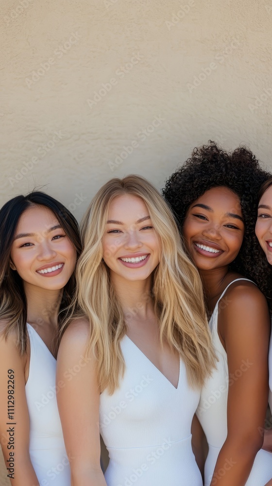 Obraz premium Four women of different backgrounds smiling together, wearing white dresses, symbolizing diversity and friendship against a neutral background.