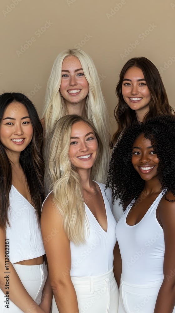 Five diverse women smiling in stylish white attire, embodying friendship and diversity in a minimalist, neutral-toned background. Five diverse women smiling in stylish white attire, embodying friendship and diversity in a minimalist, neutral-toned background.