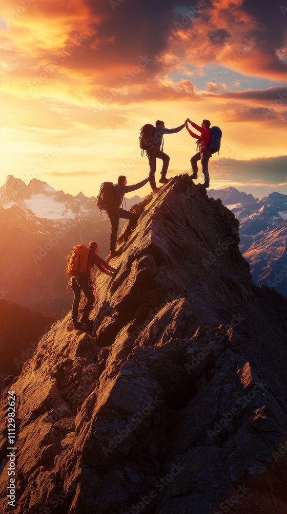 Four climbers teamwork to conquer a rugged mountain peak during a stunning sunset, highlighting adventure and accomplishment. Four climbers teamwork to conquer a rugged mountain peak during a stunning sunset, highlighting adventure and accomplishment.