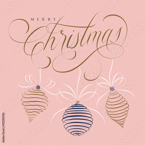 Merry Christmas lettering poster drawing three tree toys on rose background.