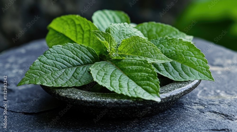A small bowl filled with green leaves sits on top of a rocky surface A small bowl filled with green leaves sits on top of a rocky surface