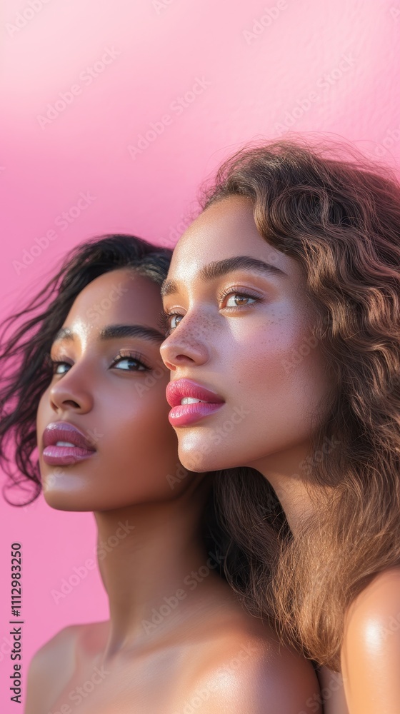 Two women pose elegantly with radiant makeup and hairstyles, set against a bright pink backdrop, showcasing beauty and confidence. Two women pose elegantly with radiant makeup and hairstyles, set against a bright pink backdrop, showcasing beauty and confidence.