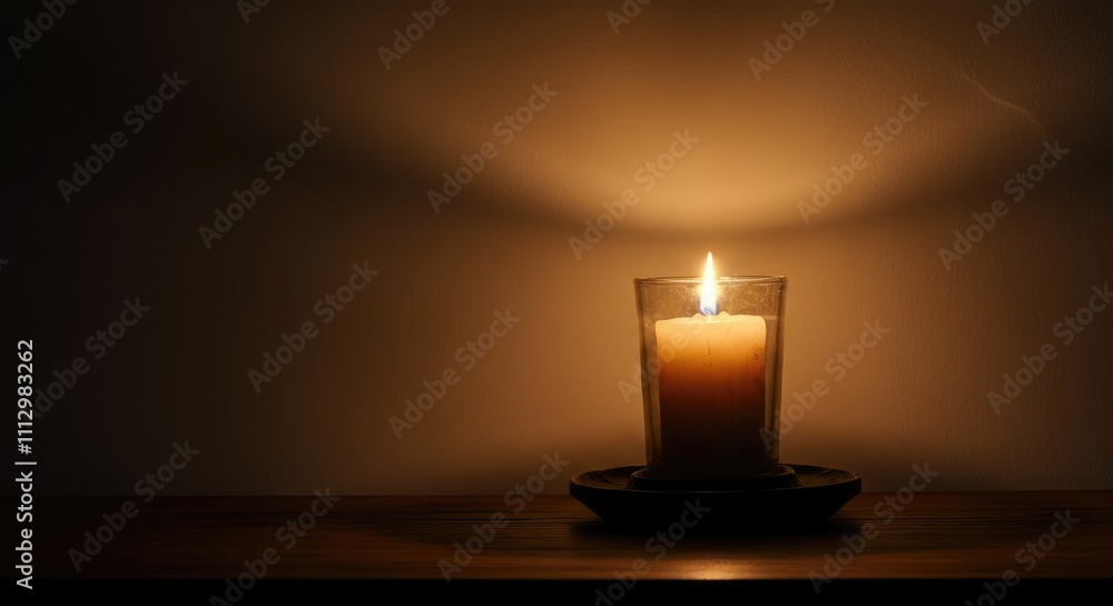 Lit candle in glass holder casts soft glow dark room Lit candle in glass holder casts soft glow dark room