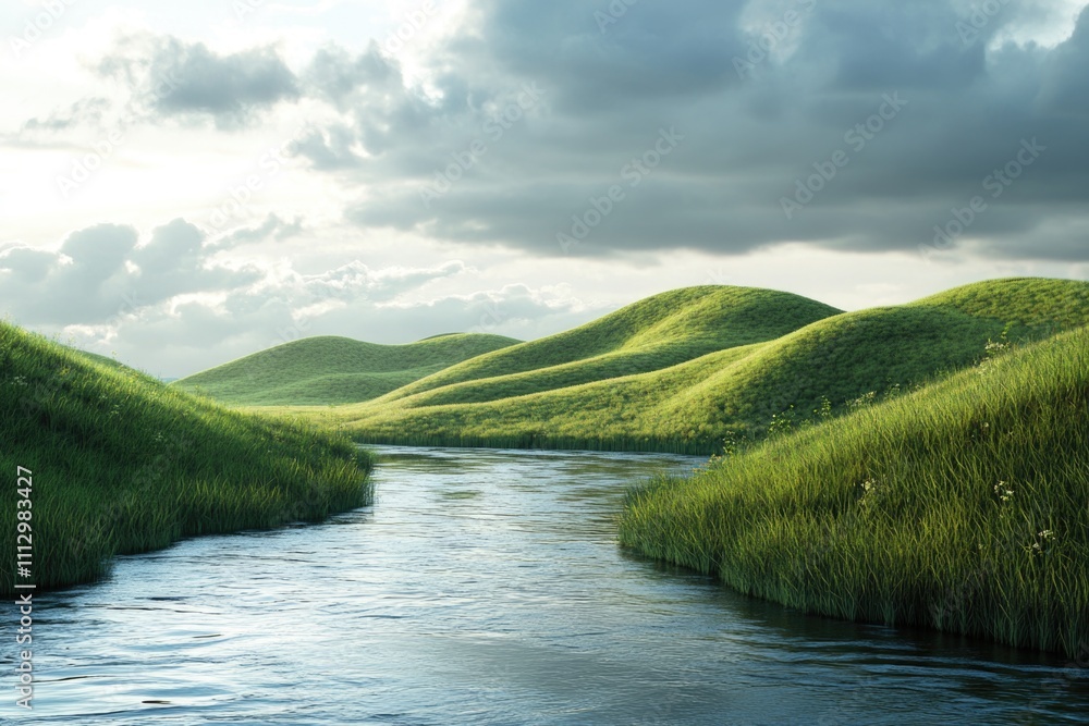A serene landscape with a river flowing through a hillside covered in lush green vegetation A serene landscape with a river flowing through a hillside covered in lush green vegetation