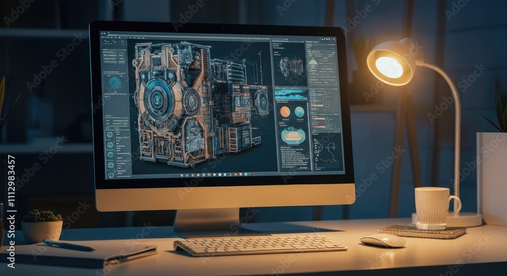 Naklejka premium Computer screen displaying 3D modeling software and technical design Modern workspace