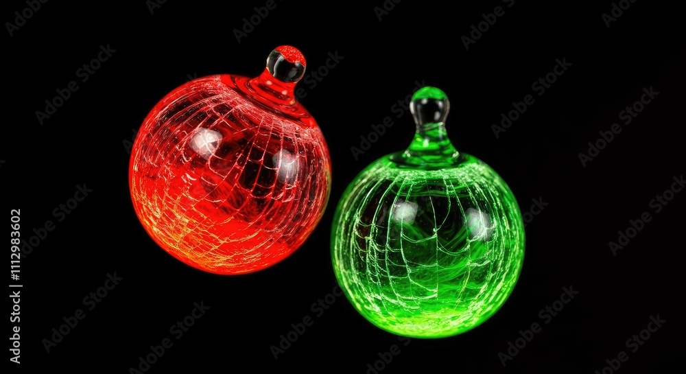 Red and green glass ornaments on black background
