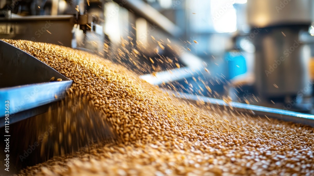 Whole Grain Sampling Day Dynamic grain processing in industrial mill with wheat pouring down Whole Grain Sampling Day Dynamic grain processing in industrial mill with wheat pouring down