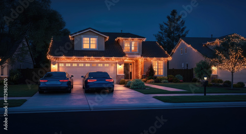 Suburban house decorated with festive lights at night, two cars in driveway