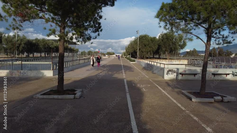 fly through pedestrian bridge overlooking Stavros Niarchos, Athens fly through pedestrian bridge overlooking Stavros Niarchos, Athens