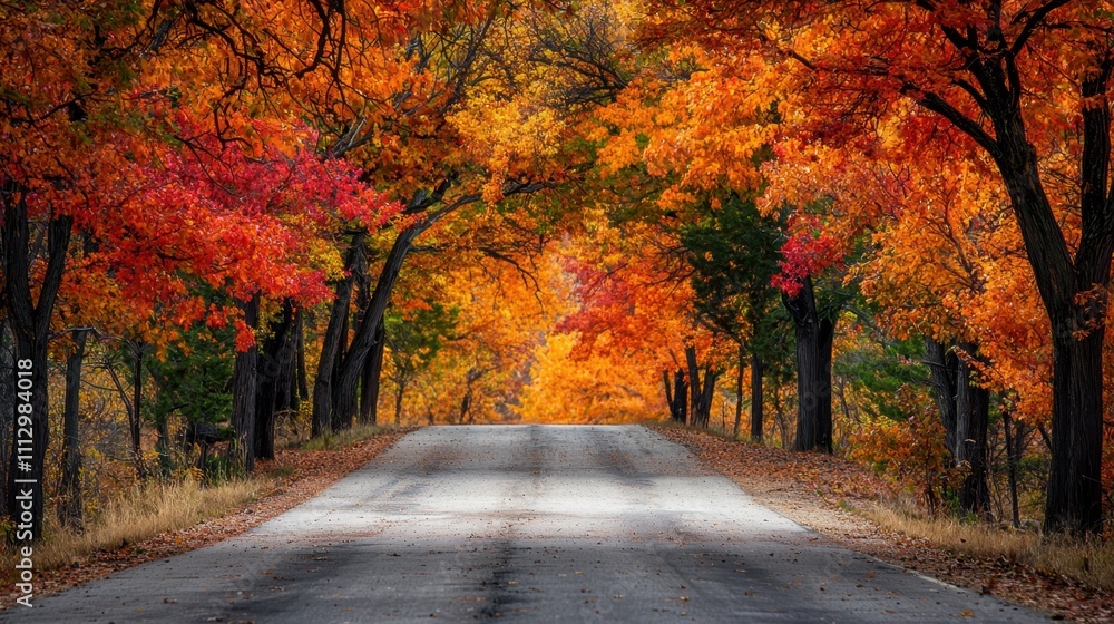 Obraz premium Vibrant autumn road with colorful foliage in a serene forest setting